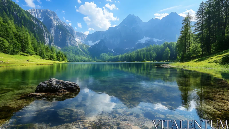 Mountain lake mirrors a cathedral of light and stone