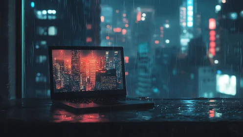Laptop glows against neon city skyline in rainy night