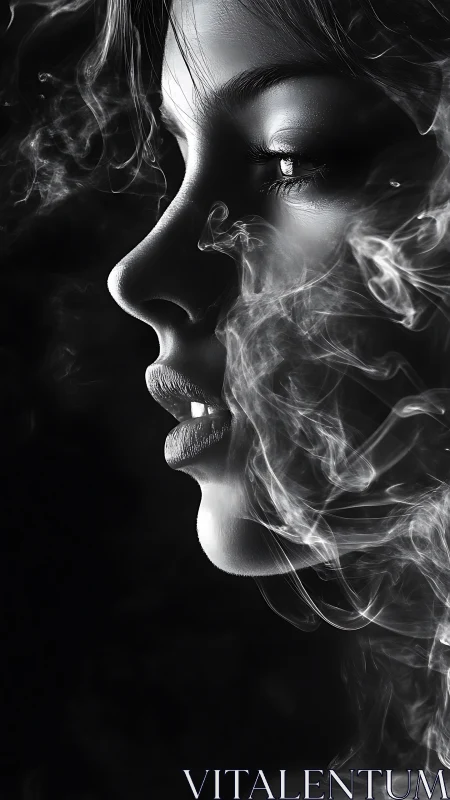 Softly lit profile wrapped in drifting silver smoke.