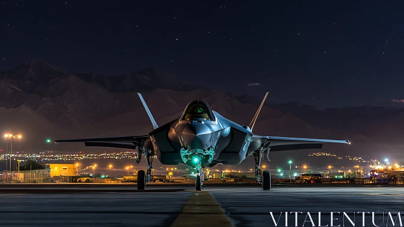 Stealth jet awaits night mission on a glowing city runway