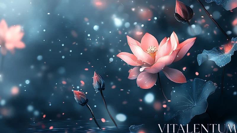 Ethereal Pink Lotus Blooms in Mystical Blue Light.