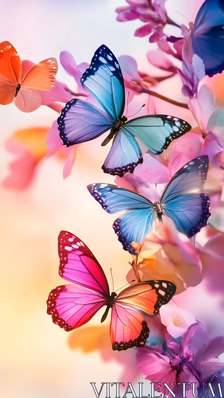 Multicolored butterflies on pastel blossoms with soft bokeh