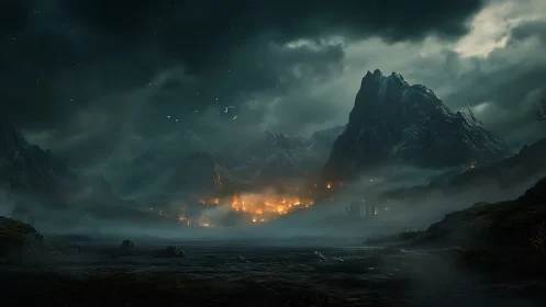 Cinematic dark valley siege with mist-laden mountainscape.