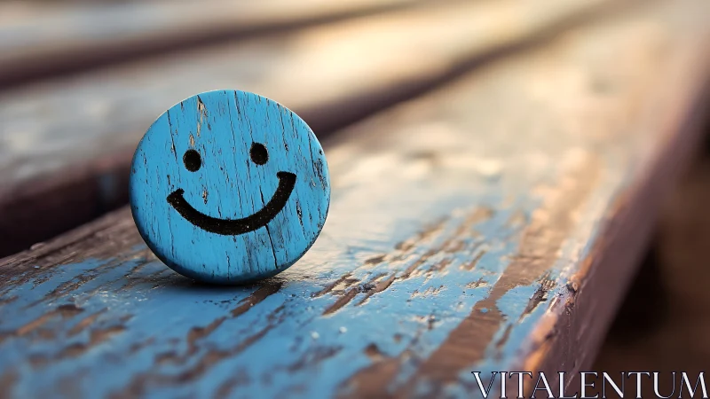 Cheerful blue smiley resting on a sunlit rustic bench.