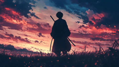 Silhouetted samurai observes high-contrast twilight cloudfield gradients