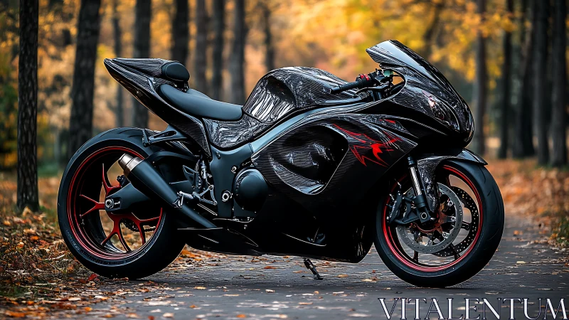 Black sport motorcycle stands on forest road in autumn