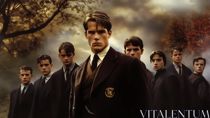 Victorian boarding school boys under stormy autumn sky