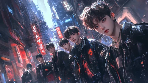 Cyberpunk street gang poses under neon-lit city canyons.