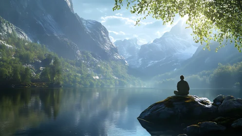 Solitary figure meditating by alpine lake in hyperreal light