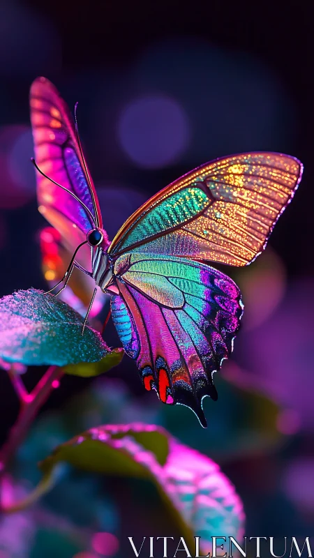 Neon dusk butterfly poised on sugar-lit garden leaves.