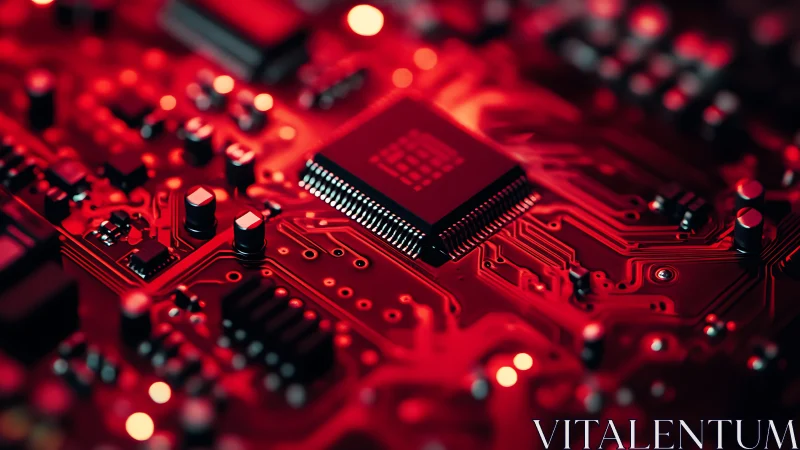 Crimson circuit realms crowned by a glowing microchip core.