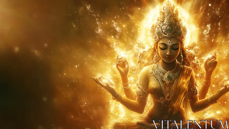 Golden four-armed goddess figure in radiant cosmic light
