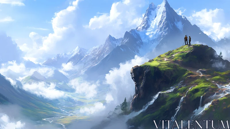 High-altitude hikers on cloud-encircled alpine escarpment.