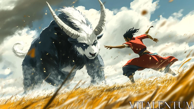 Warrior confronts colossal horned beast in windswept field