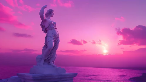 Graceful seaside statue glowing in radiant pink sunset.
