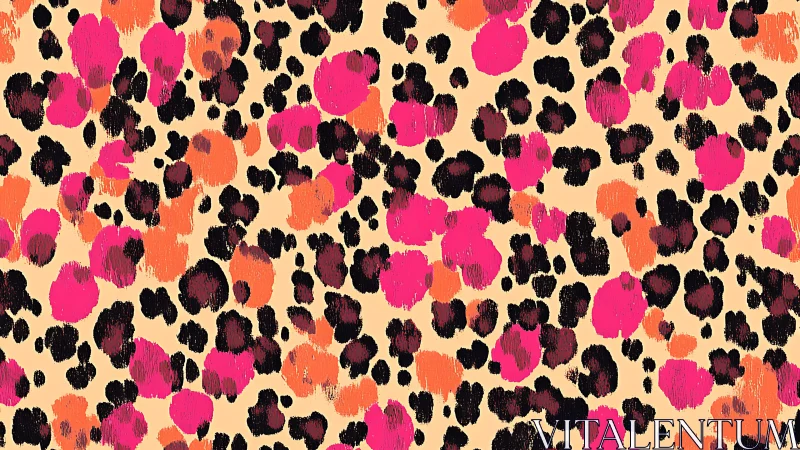 Leopard style pattern in pink, orange and black spots.