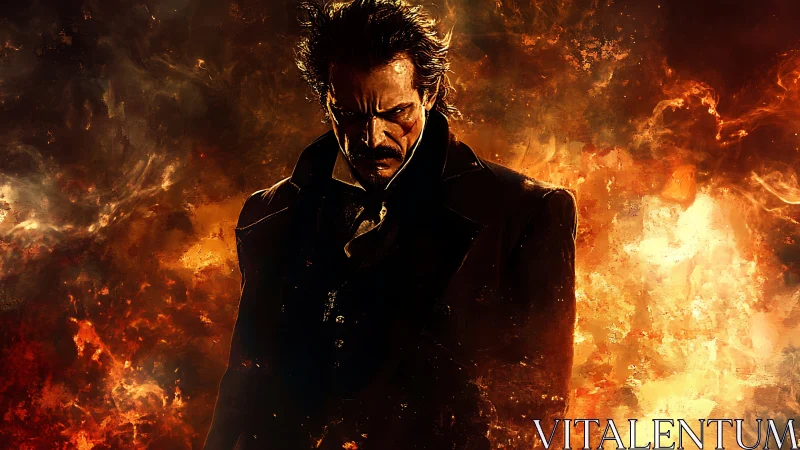 Brooding dark figure emerges amid swirling inferno backdrop.