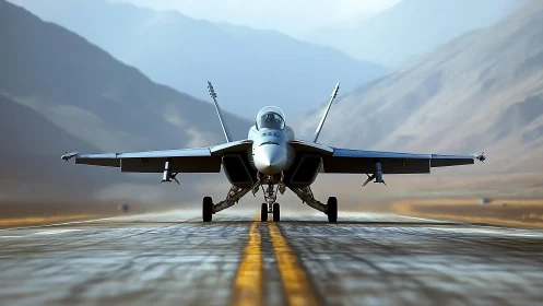 Jet hunter poised on desert runway, ready to shred sky.