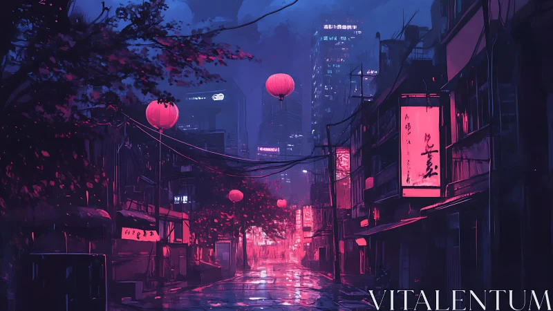 Nocturnal urban street with neon signage and lanterns.