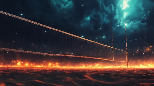 Volleyball court net over fiery glowing sand at night.