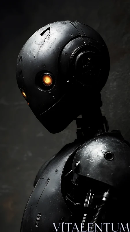 Black industrial robot portrait with glowing amber optics
