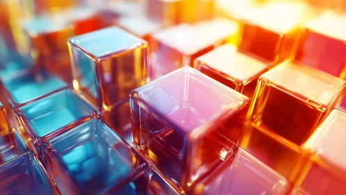 Luminous glass cubes in vibrant abstract grid composition.