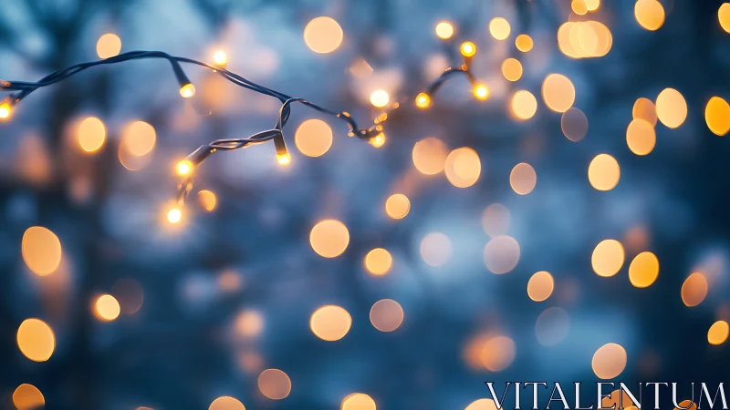 Warm bokeh string lights glow softly against cool blue blur