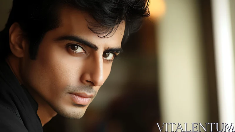 Close portrait of intense man in soft indoor light.