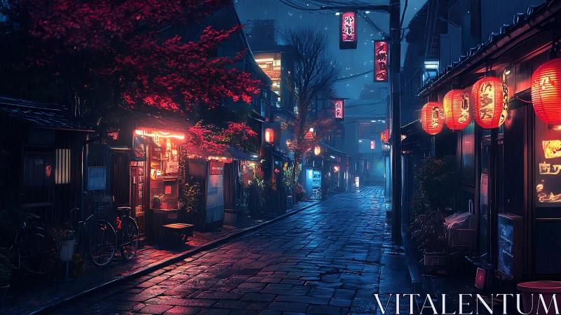 Cozy lantern lit alleyway glowing softly on a rainy night.