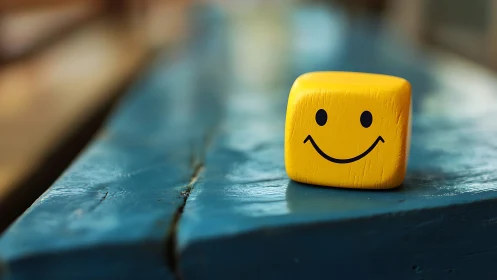 Yellow cube with simple smiley face on blue surface.