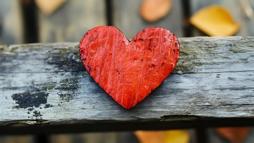 Red heart-shaped object on weathered wooden surface