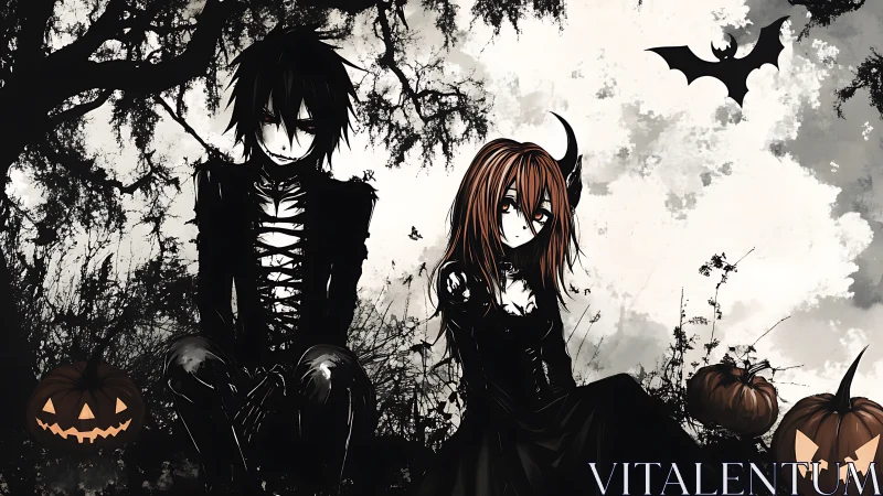 Gothic anime pair in eerie pumpkin graveyard scene.