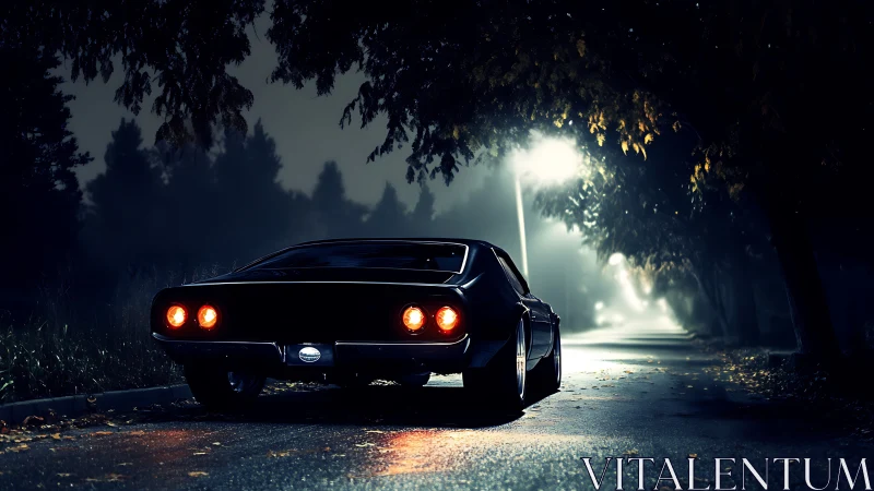 Midnight muscle car under moody streetlights on wet road.