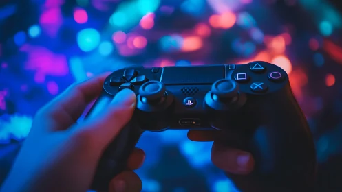 Gamer hands grip controller under neon bokeh lights.