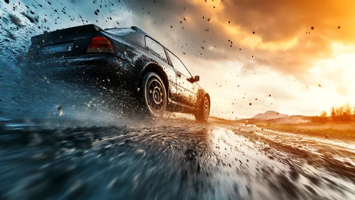 Thrilling car kicks up muddy spray on a glowing sunset road.