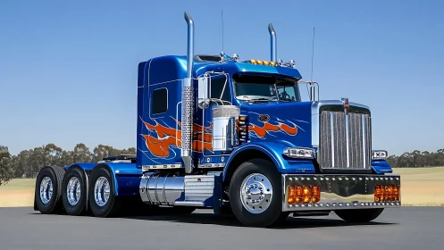 Blue semi truck with flame graphics on rural roadway.