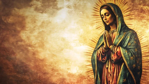 Digital painting of Marian icon with radiant gold background.