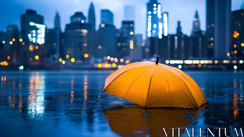 Luminous yellow umbrella on wet waterfront before night skyline.