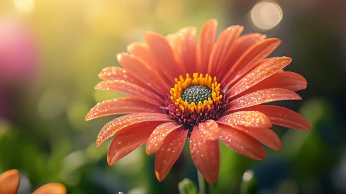 Macro floral portrait with dewy petals in soft bokeh light.