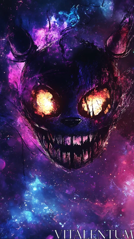 Cosmic demon cat skull burns through nebula void.