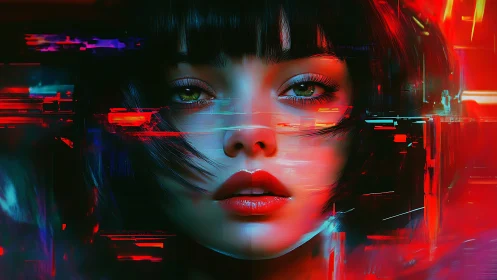 Cyberpunk portrait merges human visage with neon glitch fields