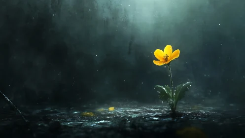 Single yellow flower under rain in dark moody lighting.