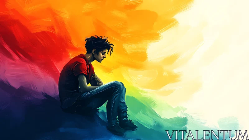 Solitary figure reflects amid swirling rainbow lightscape.