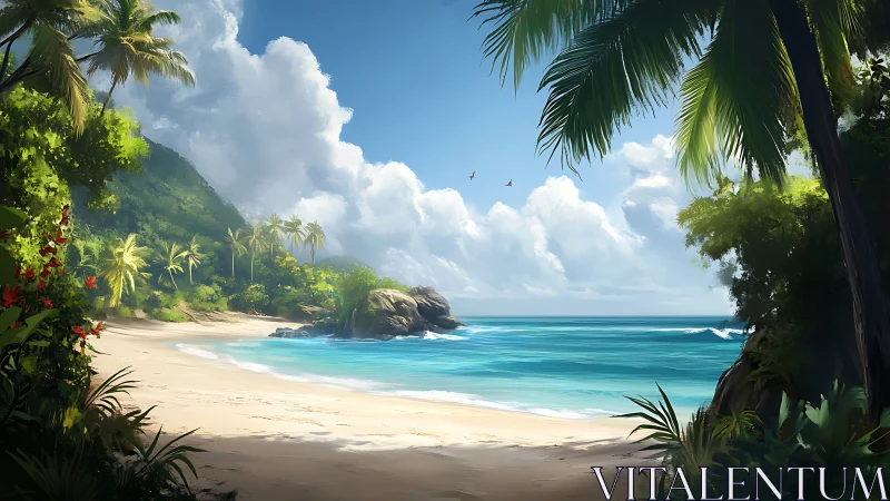 Tropical Paradise Beach Nestled Between Palms and Mountains.