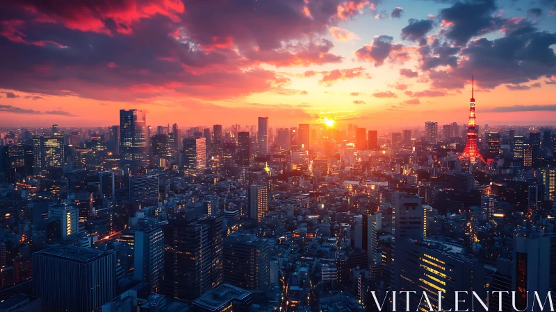 Sunset glow wraps a lively modern city in warm evening light