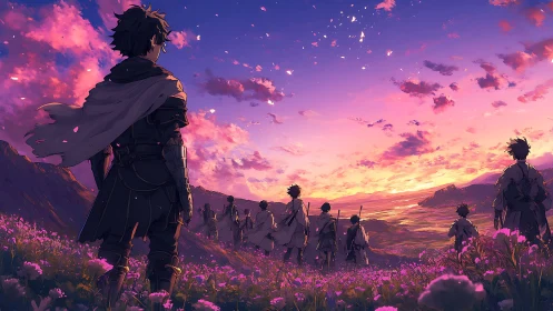 Fantasy travelers stand in flower field at vivid sunset.