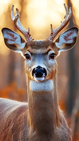 White-tailed deer portrait in golden backlit woodland setting.