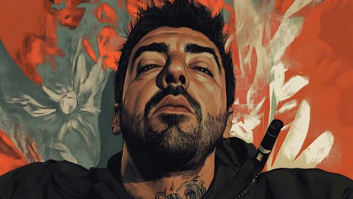 Moody digital portrait of man against bold red backdrop.