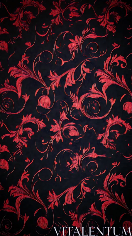 Baroque red floral scrollwork on dark ornamental backdrop.
