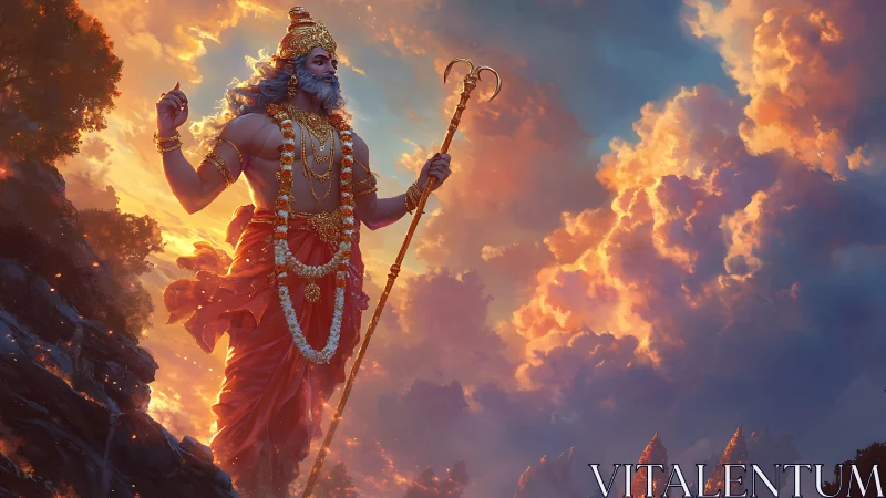 Divine warrior towers over sunset clouds and temples.